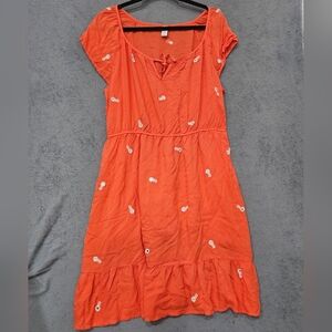 Old Navy Womans Misses Short Sleeve Dress, Orange W/ Embroidered Flowers Size L